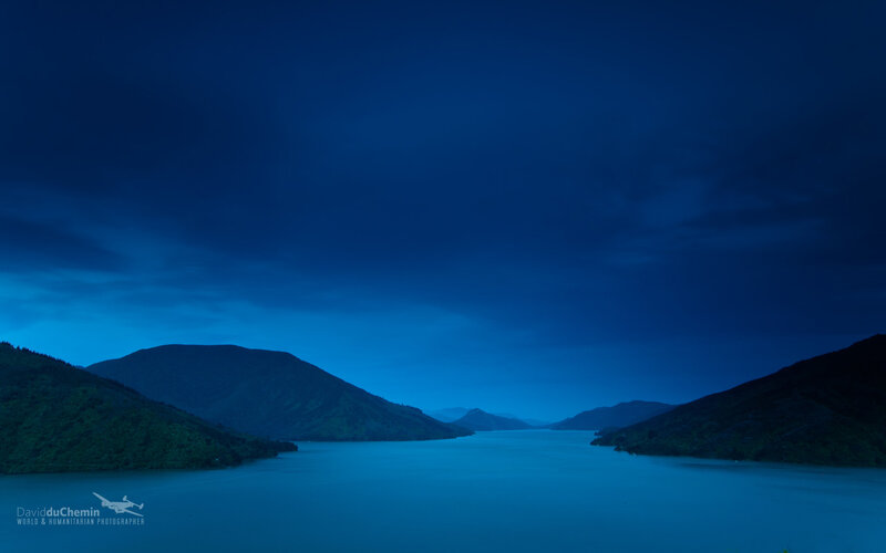 Lake Between Mountains — Blue, Serene, Night