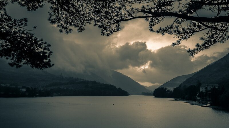 Lake Between Mountains — Gray