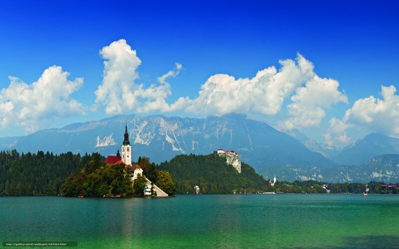 Lake Bled with church and mountains