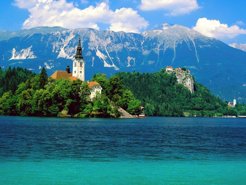 Lake Bled with church and mountains
