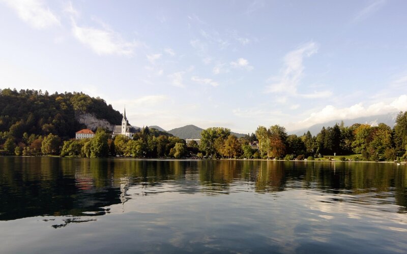 Lake Bled with church and mountains