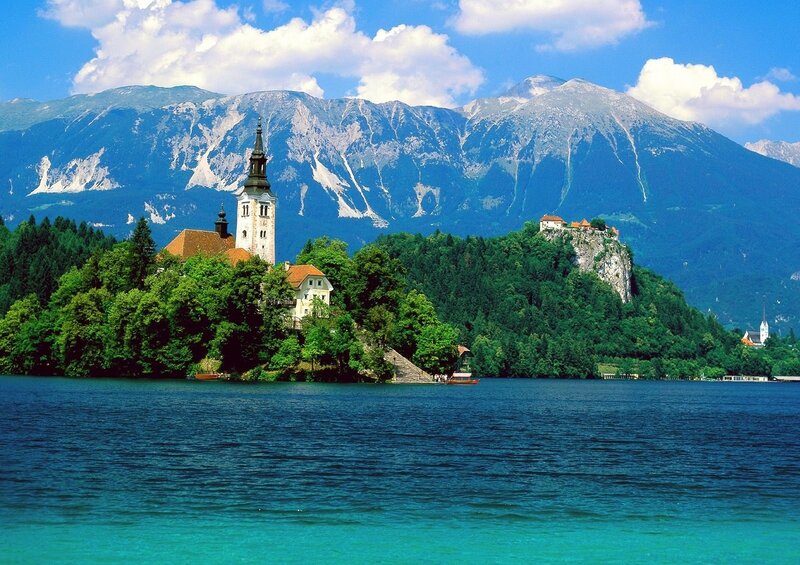 Lake Bled with church and mountains