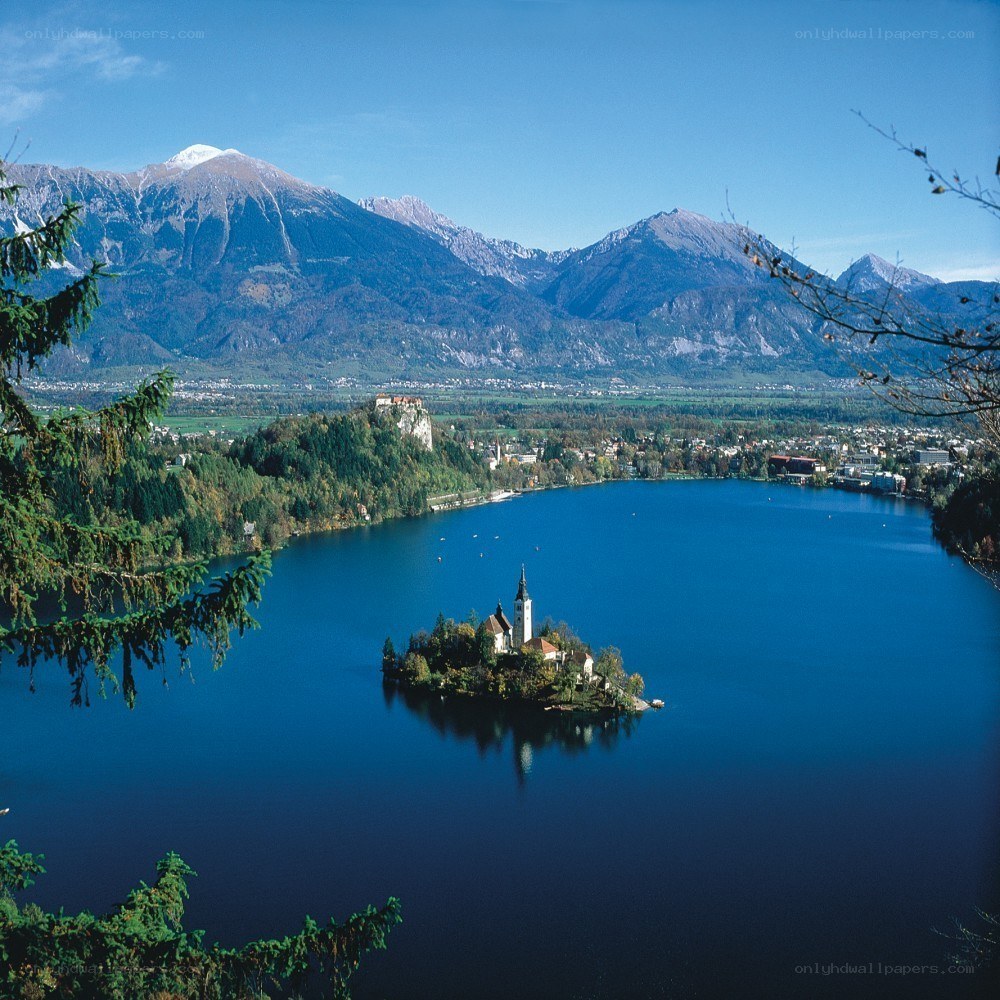 Lake Bled with mountain backdrop