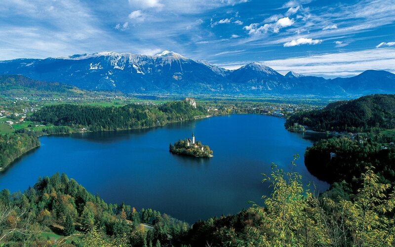 Lake Bled with mountain backdrop
