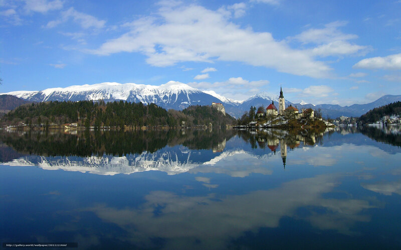Lake Bled with snow-capped mountains