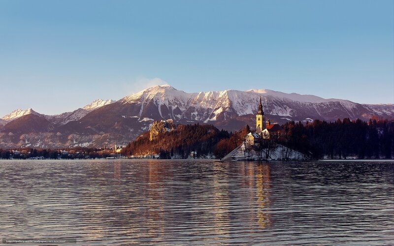 Lake Bled with snow-capped mountains