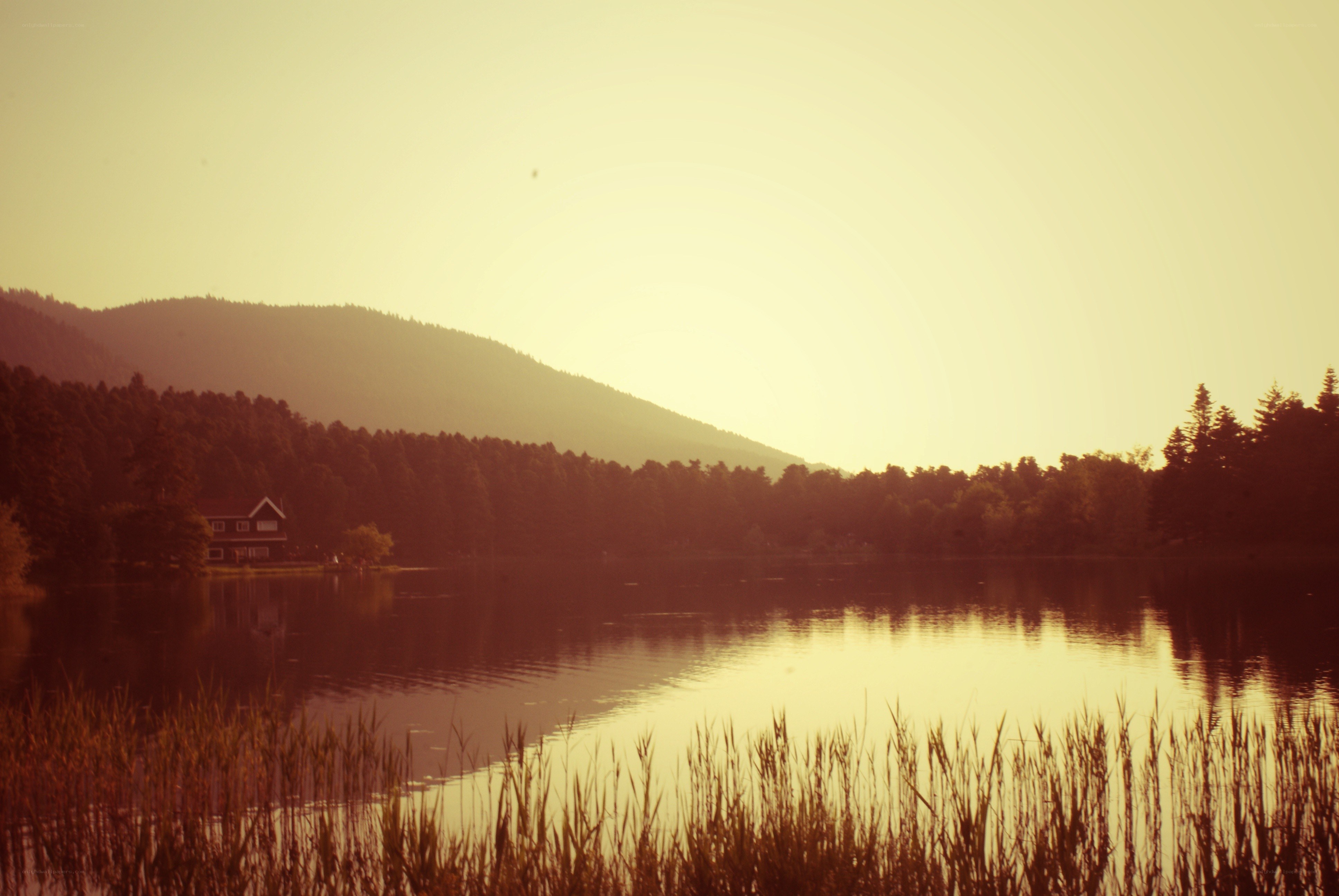Lake house at sunset