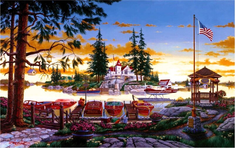 Lake House at Sunset — Blue, Serene