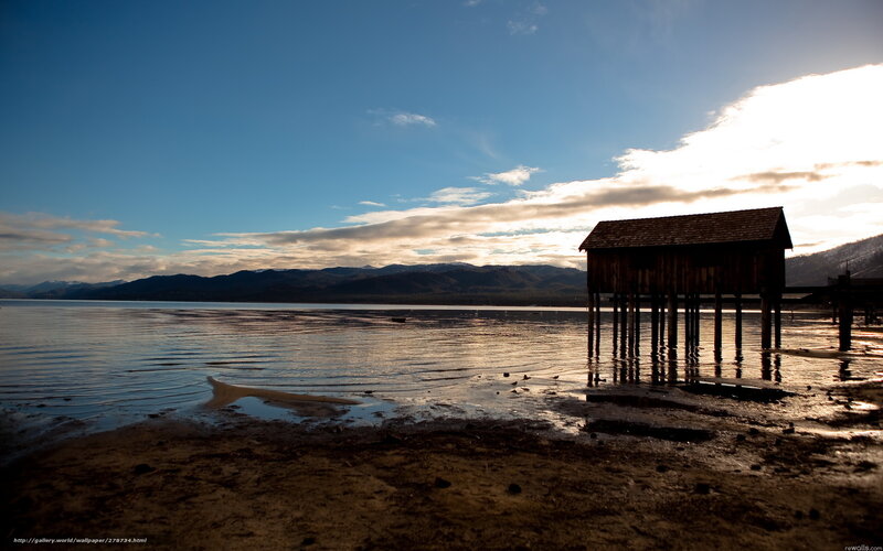 Lake house at sunset