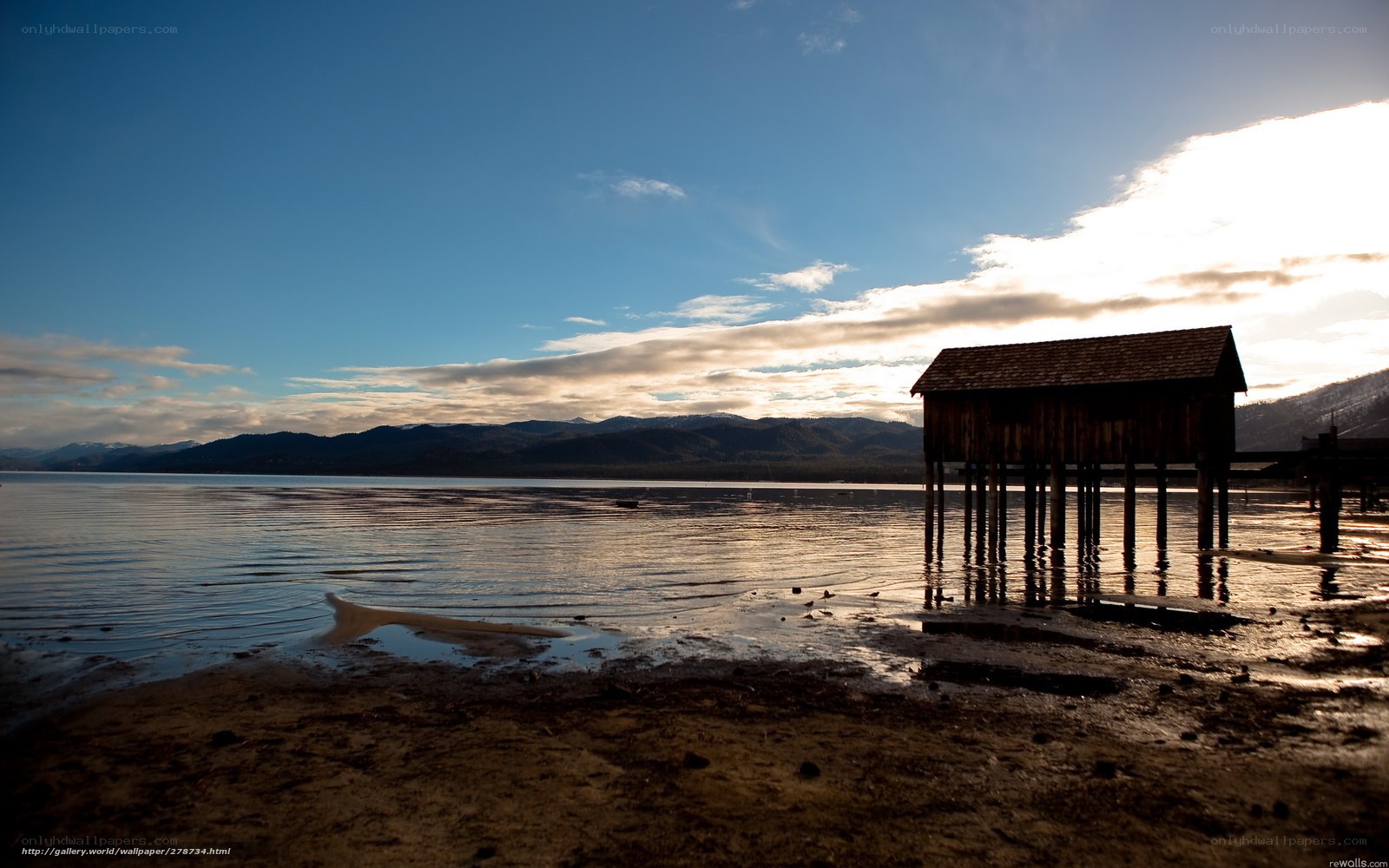 Lake house at sunset