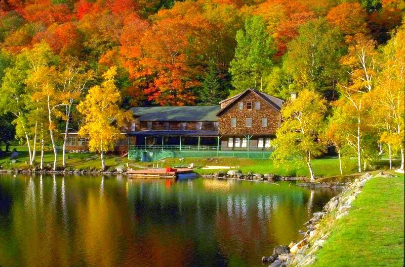 Lake House in Autumn — Orange, Serene, Photograph