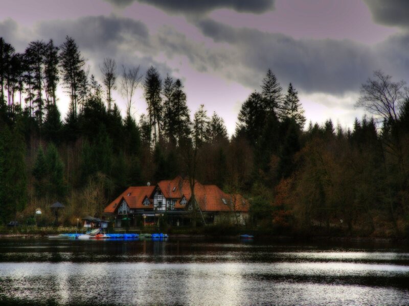 Lake house in forest at dusk