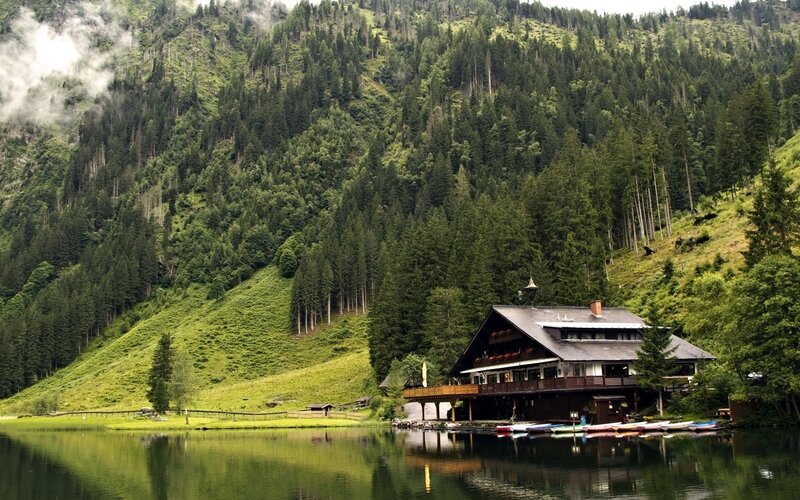 Lake House in Forest — Green, Serene, Afternoon