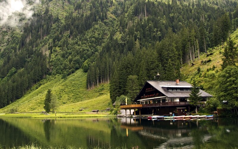 Lake House in Forest — Green, Serene