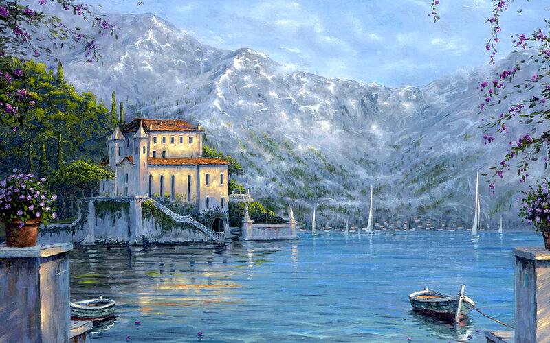 Lake House with Mountains — Blue, Serene, Afternoon, Painting
