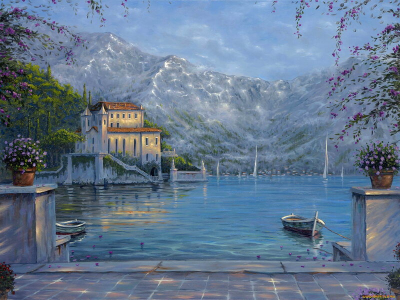 Lake House with Mountains — Blue, Serene, Afternoon