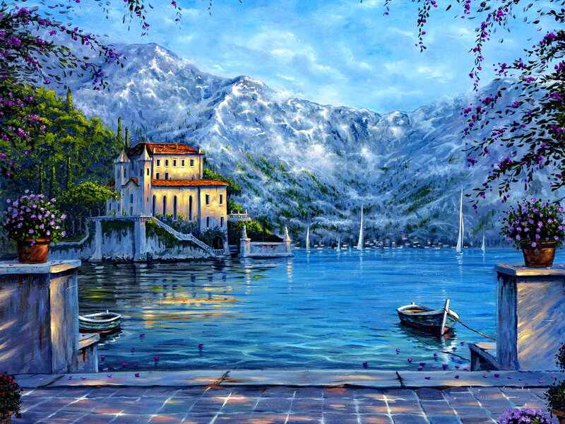 Lake House with Mountains — Blue, Serene