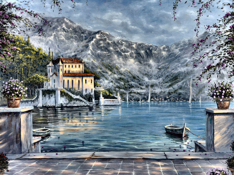Lake House with Mountains — Blue