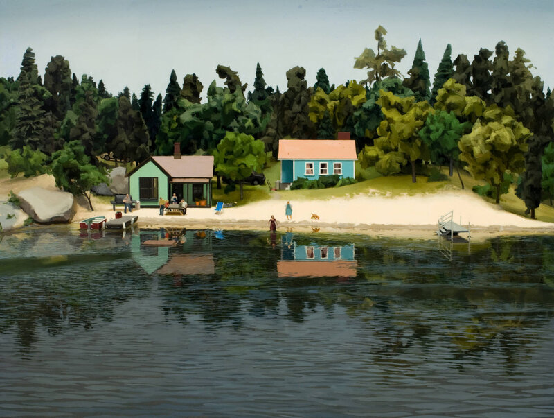 Lake houses and beach scene