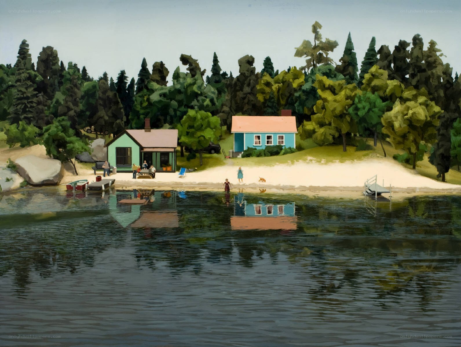 Lake houses and beach scene