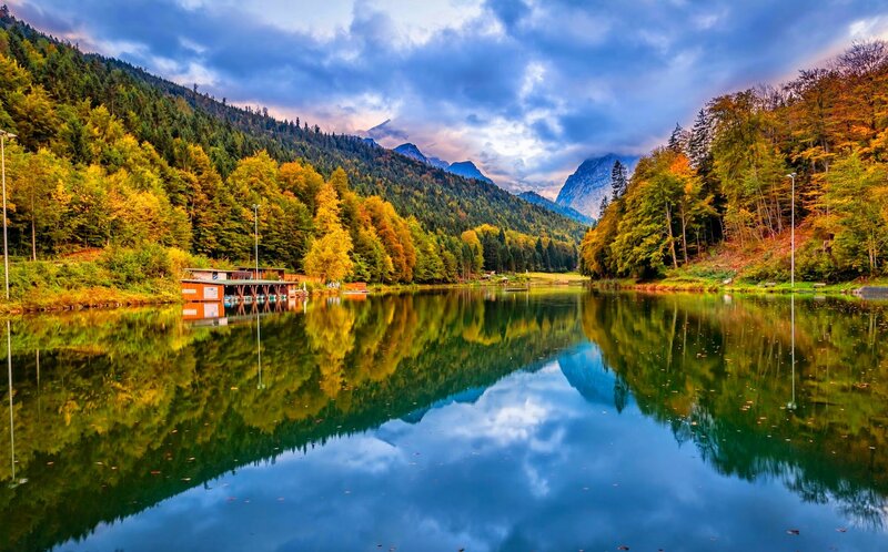 Lake in Autumn Forest — Blue, Serene