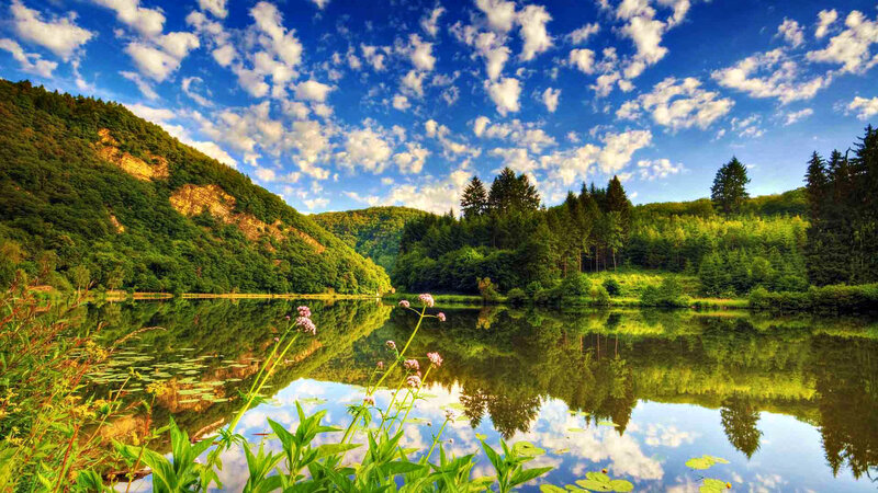 Lake in Forest Valley — Blue, Serene, Afternoon, Photograph, Trees, Mountain