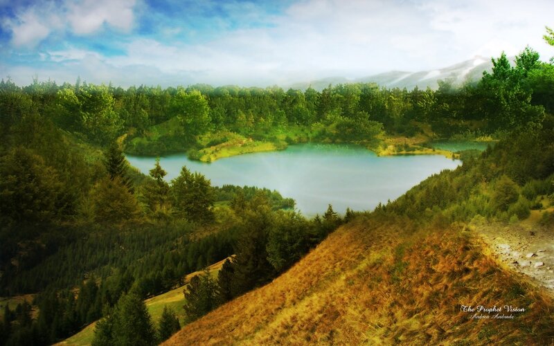 Lake in Forest Valley — Green, Serene, Afternoon, Photograph, Mountains, Sky