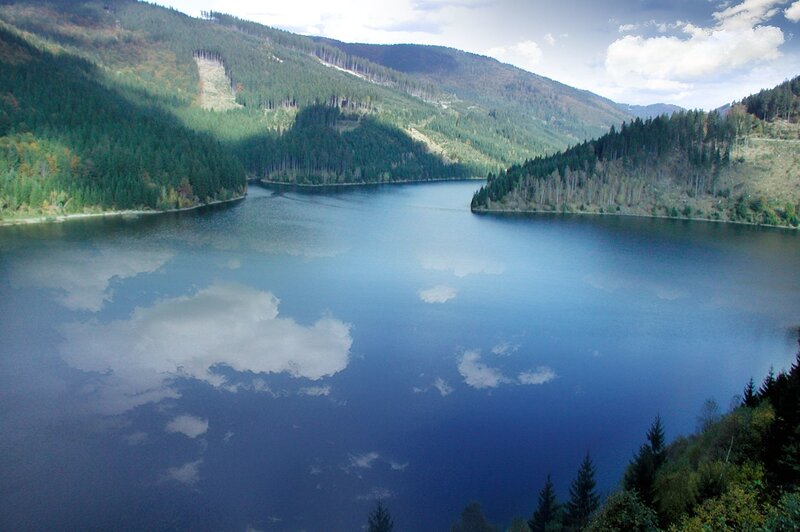 Lake in forested mountains