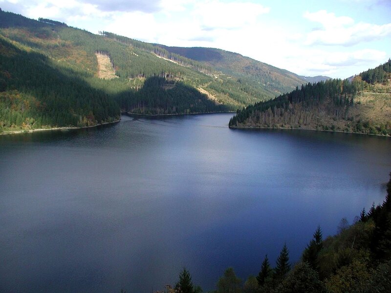 Lake in Forested Valley — Blue
