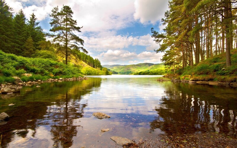 Lake in Forested Valley — Green, Serene, Afternoon, Photograph, Trees, Hills