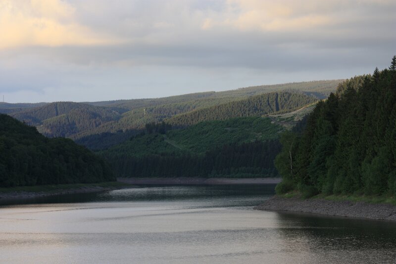 Lake in Forested Valley — Green, Serene, Sunset