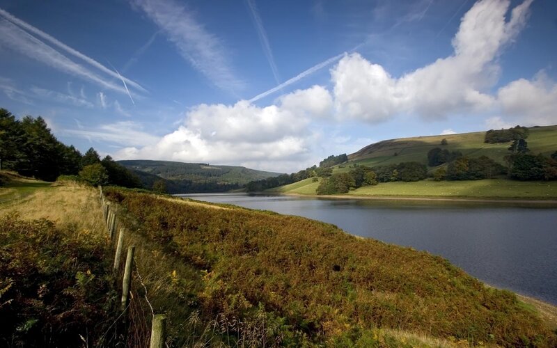 Lake in Green Hills — Blue, Serene, Afternoon, Photograph, Trees