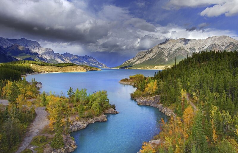 Lake in Mountain Valley — Blue, Dramatic, Autumn, Photograph, Mountains, Forest, Clouds