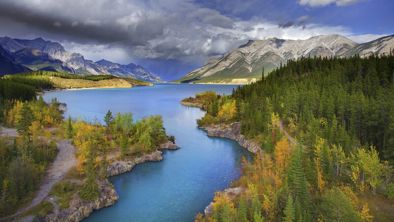 Lake in Mountain Valley — Blue, Dramatic, Autumn, Photograph, Mountains, Forest, River, Green