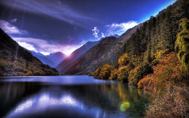 Lake in Mountain Valley — Blue, Dramatic, Sunset