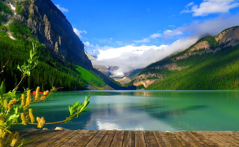 Lake in Mountain Valley — Blue, Serene, Afternoon, Photograph, Mountains, Trees, Dock