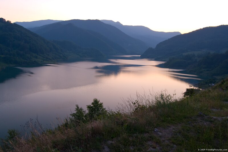 Lake in Mountain Valley — Blue, Serene, Sunset
