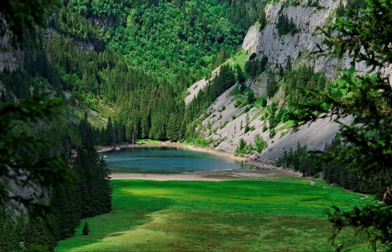 Lake in Mountain Valley — Green, Serene, Afternoon, Photograph, Forest, Cliffs