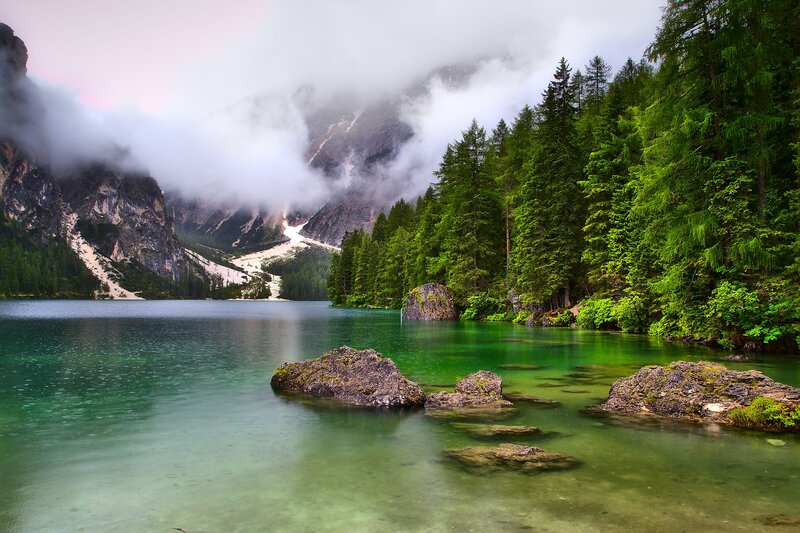 Lake in Mountain Valley — Green, Serene, Morning, Photograph