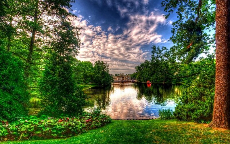 Lake in Park with Building