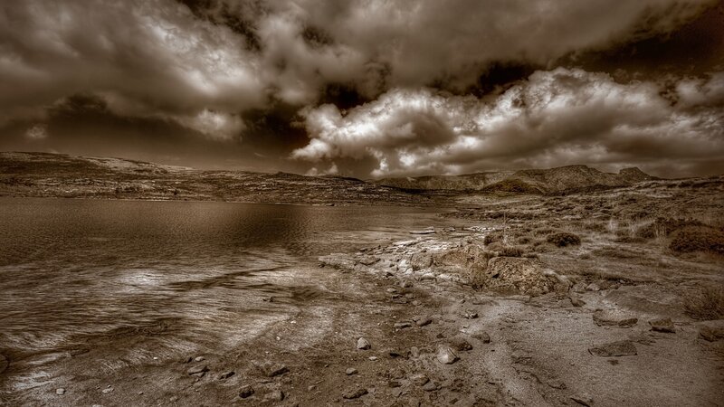 Lake in Rocky Landscape — Brown, Dramatic, Photograph, Mountains, Clouds