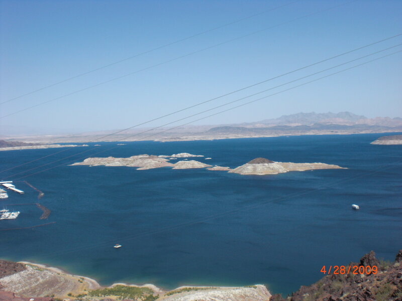 Lake Mead with islands and power lines