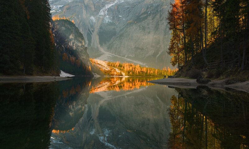 Lake Reflecting Mountains — Green, Serene, Autumn