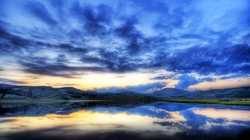 Lake Reflecting Sunset — Blue, Dramatic