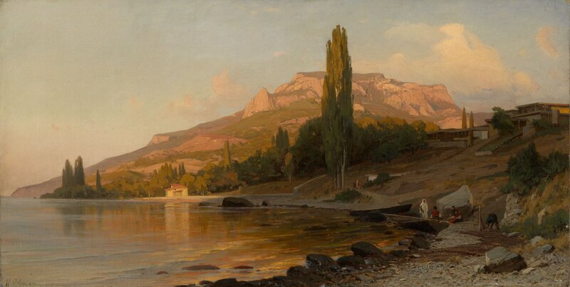 Lake Shore with Mountains — Blue