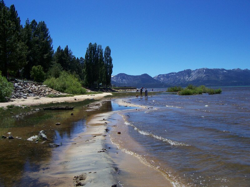 Lake shore with mountains in background