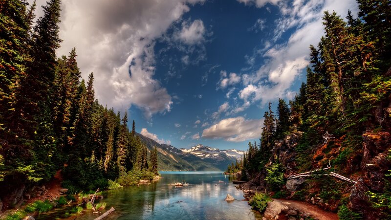 Lake Surrounded by Forest — Blue, Serene, Afternoon, Photograph, Mountains, Trees, Clouds, Green, White
