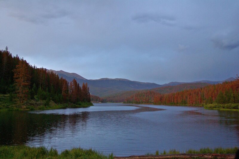 Lake Surrounded by Forest — Blue, Serene, Sunset