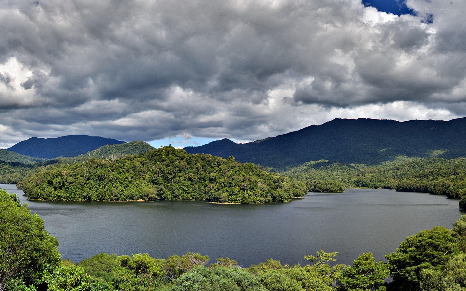 Lake surrounded by forested hills
