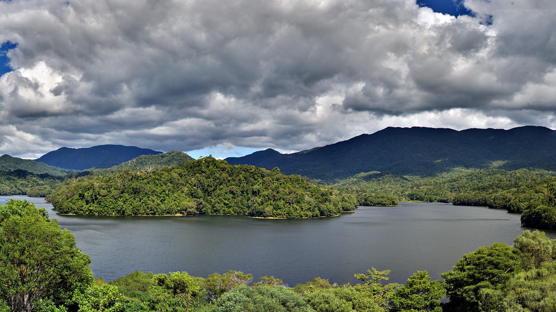 Lake surrounded by forested hills
